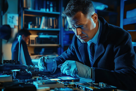 A technician in blue gloves meticulously inspects a circuit board in a workshop.の写真素材