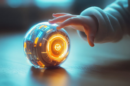 A curious child reaches out to touch a glowing, spherical toy in a bright indoor space, radiating warmth and wonder.の写真素材