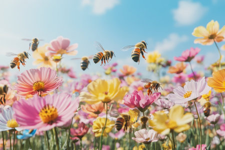 A lively meadow filled with blooming flowers is bustling with bees collecting nectar under clear blue skies.の写真素材