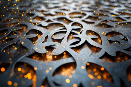 Detailed black lace features elegant shapes, enhanced by golden sparkles creating a luxurious effect.の写真素材