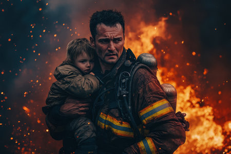 A brave firefighter carries a young child away from a raging fire, showing courage and compassion.の写真素材