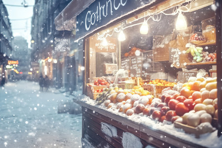 A cozy market stall showcases vibrant fruits surrounded by a snowy street at night, creating a warm ambiance.の写真素材