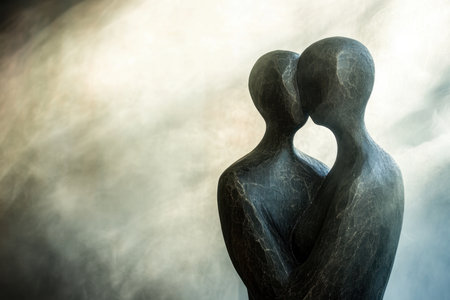 Two elegant abstract sculptures formed as human figures share an intimate embrace in a misty setting.の写真素材