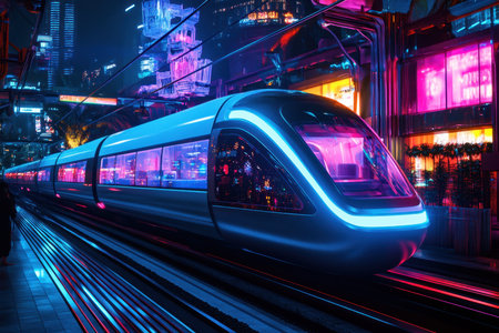 A sleek train with vibrant neon lighting waits at a futuristic station surrounded by illuminated buildings.の写真素材