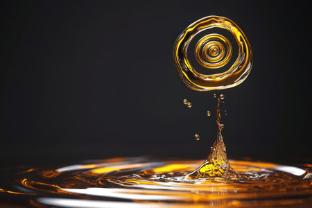 A golden droplet splashes upward, forming a circular pattern while creating ripples in calm water.の写真素材