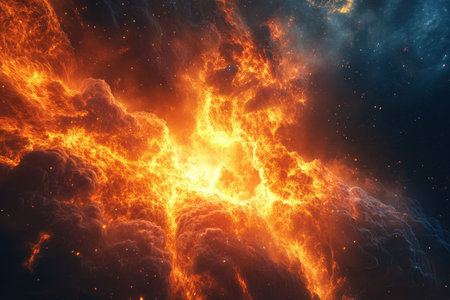 A vibrant cosmic display showcases bright flames and glowing gases swirling in a mysterious nebula.の写真素材