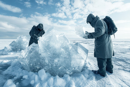Two explorers skillfully carve large ice blocks on a frozen expanse under a cloudy sky.の写真素材