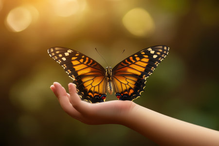 A delicate butterfly with vivid wings is perched on a child's hand, surrounded by blurred greenery during sunset.の写真素材