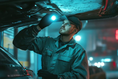 A mechanic examines the underside of a car using a flashlight in a dimly lit garage at night.の写真素材