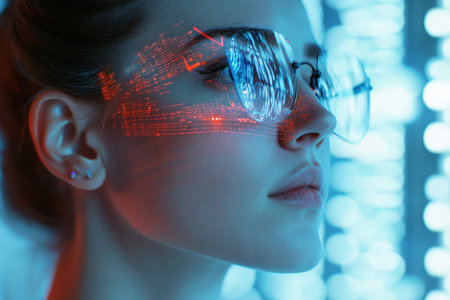 A person is wearing high-tech glasses that display digital graphics in a futuristic environment with blue light.の写真素材