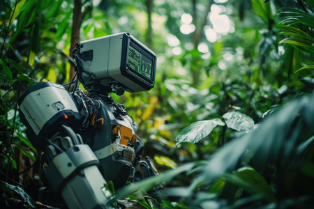 A robot navigates through thick jungle vegetation under a canopy of leaves, showcasing technology in nature.の写真素材