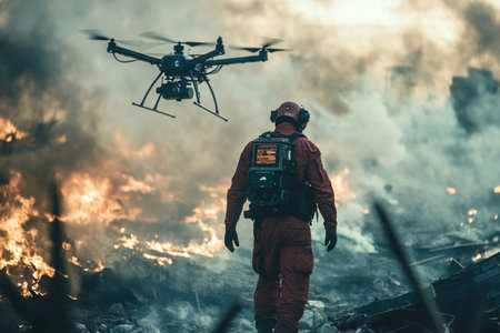 A firefighter in protective gear walks through a smoky area while a drone surveys the burning landscape.の写真素材