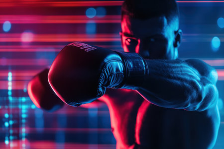 Muscular boxer throws a powerful punch while illuminated by colorful lights in an urban training area.の写真素材