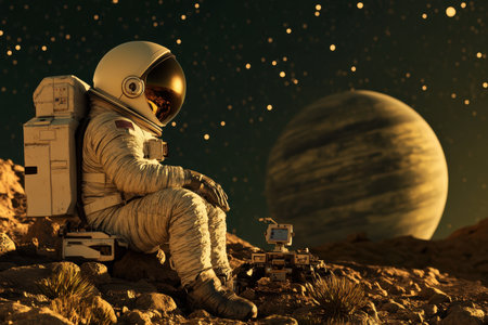 An astronaut in a spacesuit sits quietly on a rocky surface, gazing at a large planet in the sky.の写真素材