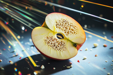 A detailed half of an apple reveals its unique inner structure, surrounded by bright light and small seeds.の写真素材