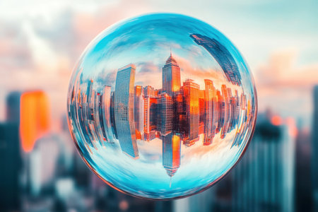 A bubble floats above an urban skyline, showing a vibrant sunset reflecting off the buildings and glass.の写真素材