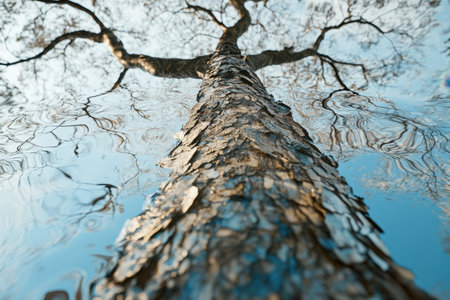 A tall tree trunk rises from the serene water, showing delicate bark and a clear blue sky above.の写真素材