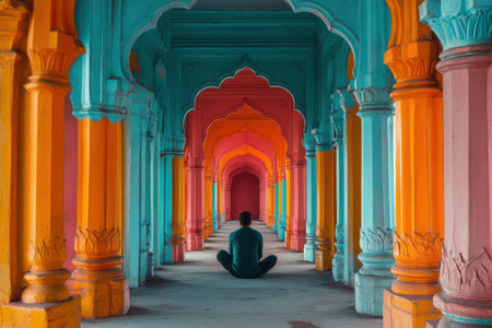 A person sits silently in a picturesque corridor filled with colorful arches, enjoying tranquility.の写真素材