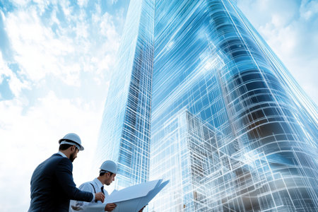 Two engineers examine detailed blueprints for a modern skyscraper under a bright sky in a city.の写真素材