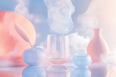 Delicate glass pieces and vases create a tranquil atmosphere with wisps of soft clouds in pastel hues.の写真素材