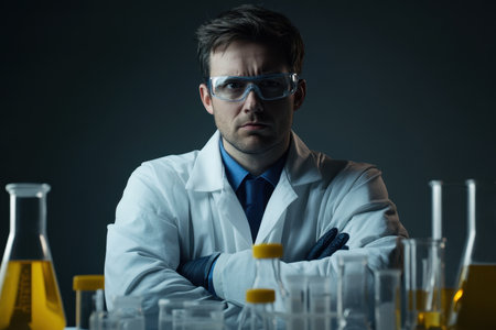 A chemist looks serious while surrounded by various glass containers filled with liquids in a lab setting.の写真素材