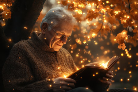 A senior man enjoys reading a book beneath a tree, illuminated by sparkling lights in autumn foliage.の写真素材