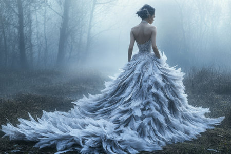 A woman dressed in a stunning, feathered gown strolls through a fog-covered forest at dusk.の写真素材