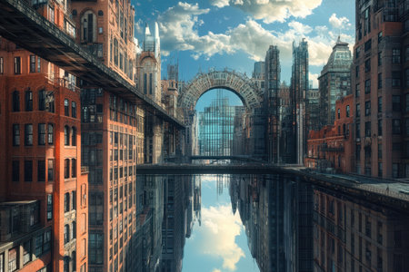 Stunning blend of modern and classic architecture surrounding a reflective waterway on a sunny day.の写真素材