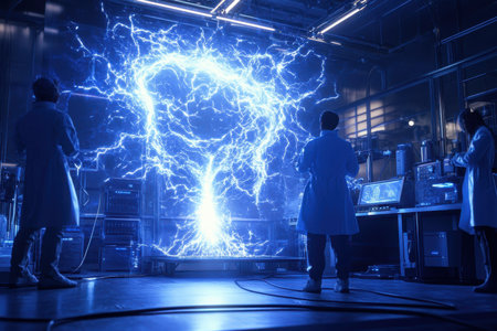 Researchers analyze an electric storm simulation in a modern laboratory, showing advanced technology and innovation.の写真素材