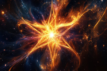 A luminous starburst radiates from the center, surrounded by dark cosmic spaces filled with vibrant colors.の写真素材