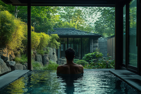 Relaxation takes center stage in this peaceful outdoor bath with stunning views of nature.の写真素材