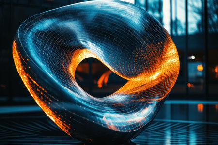 A futuristic sculpture glows with vibrant light in an urban plaza during the evening, captivating onlookers.の写真素材