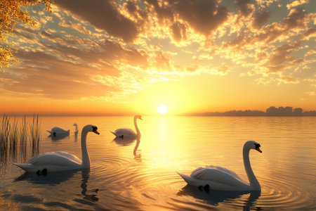 Majestic swans swim peacefully in a lake as a vibrant sunset paints the sky with warm colors.の写真素材