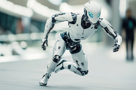 A humanoid robot with metallic features races across a sleek, futuristic interior during a tech event.の写真素材