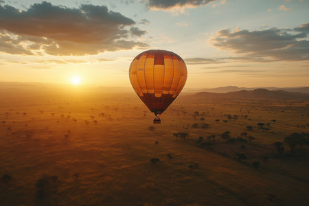 A colorful hot air balloon glides gracefully over a vast savanna during a breathtaking sunset.の写真素材