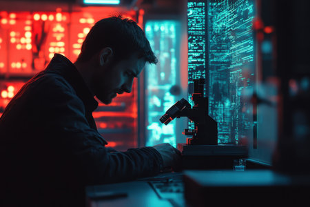 A researcher focuses on a microscope in a laboratory filled with glowing digital screens and data.の写真素材