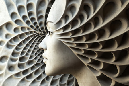 A stunning profile of a woman is intricately carved with spiraling patterns creating a captivating visual effect.の写真素材