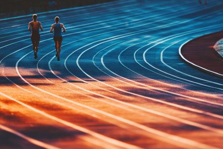 Two individuals jog along a track as the sun sets, casting warm colors across the surface and creating wavy shadows.の写真素材