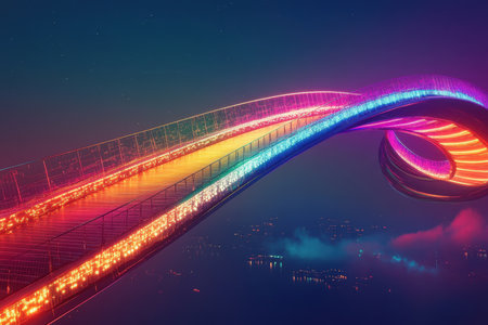 A futuristic bridge glows with vibrant colors, arching elegantly in the night over a city skyline.の写真素材