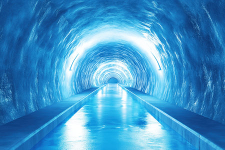 The tunnel features bright blue lights and a smooth, reflective water surface, creating a serene atmosphere.の写真素材