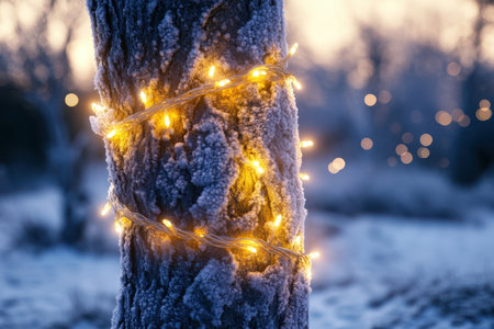 A tree covered in frost is adorned with warm yellow lights as the sun sets in a snowy landscape.の写真素材
