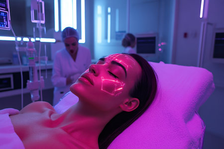 A woman relaxes on a treatment table, illuminated by purple lights, as a specialist performs a facial procedure.の写真素材