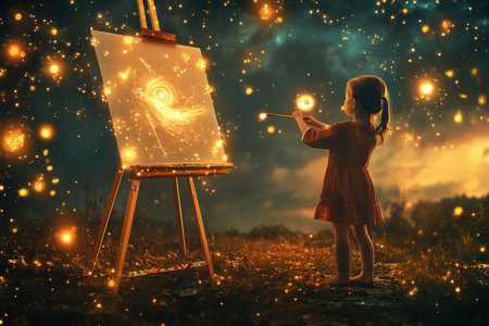 A young girl paints a swirling galaxy on an easel, surrounded by sparkling lights and capturing wonder.の写真素材