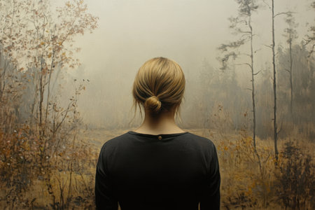 A girl gazes at a misty landscape painting, surrounded by muted colors from nature.の写真素材