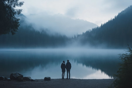 Two people stand together near a quiet lake, surrounded by fog and mountains as dawn breaks.の写真素材