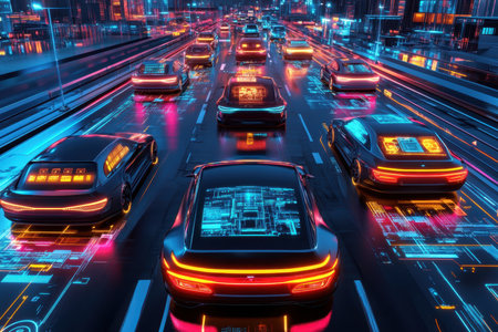 Bright neon lights illuminate advanced self-driving cars as they move through a bustling urban landscape at night.の写真素材