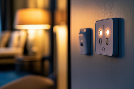 A close-up view of a stylish light switch in a warm, softly lit living room as evening settles in.の写真素材