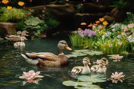 Ducks glide through calm waters of a pond, surrounded by vibrant flowers and lush greenery during daytime.の写真素材