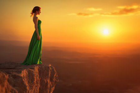 A woman stands on a rocky ledge wearing a flowing green dress, admiring a stunning sunset over the horizon.の写真素材