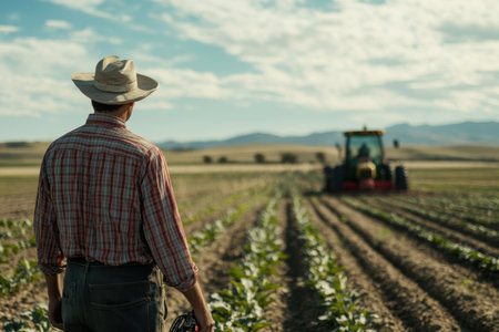 A farmer stands in a field, watching a tractor cultivating rows of crops under a blue sky.の写真素材